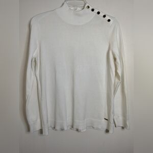 Calvin Klein (Size L) White Stretch Gold Accent Logo Button Mock Neck LS Sweater